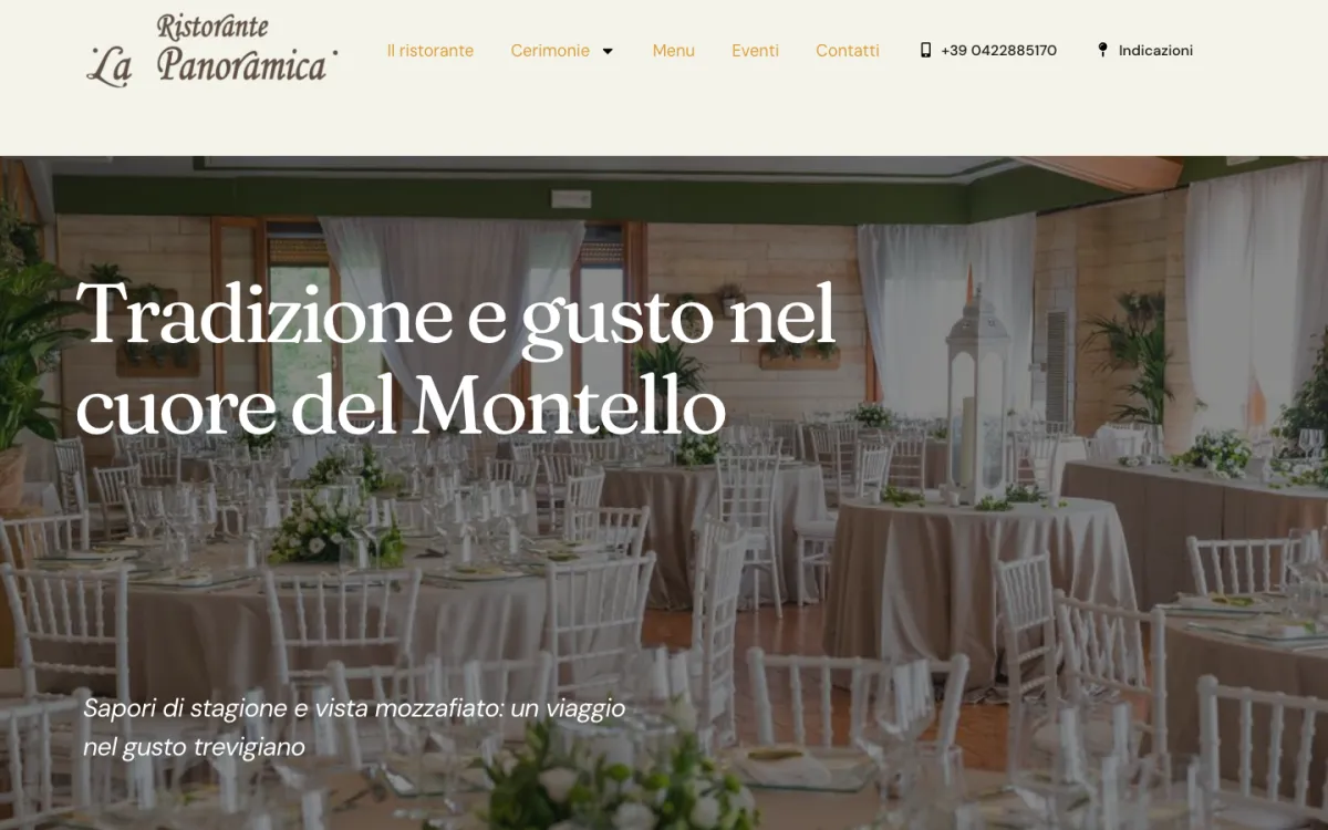 La Panoramica: Il sito nuovo: foto grandi, menu chiaro, telefono e indicazioni in alto.